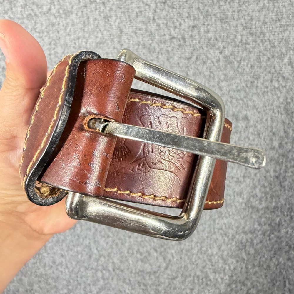 Vintage Y2K Brown Tooled Leather Floral Bird Embossed Belt Silver Buckle Boho SM - Picture 3 of 7